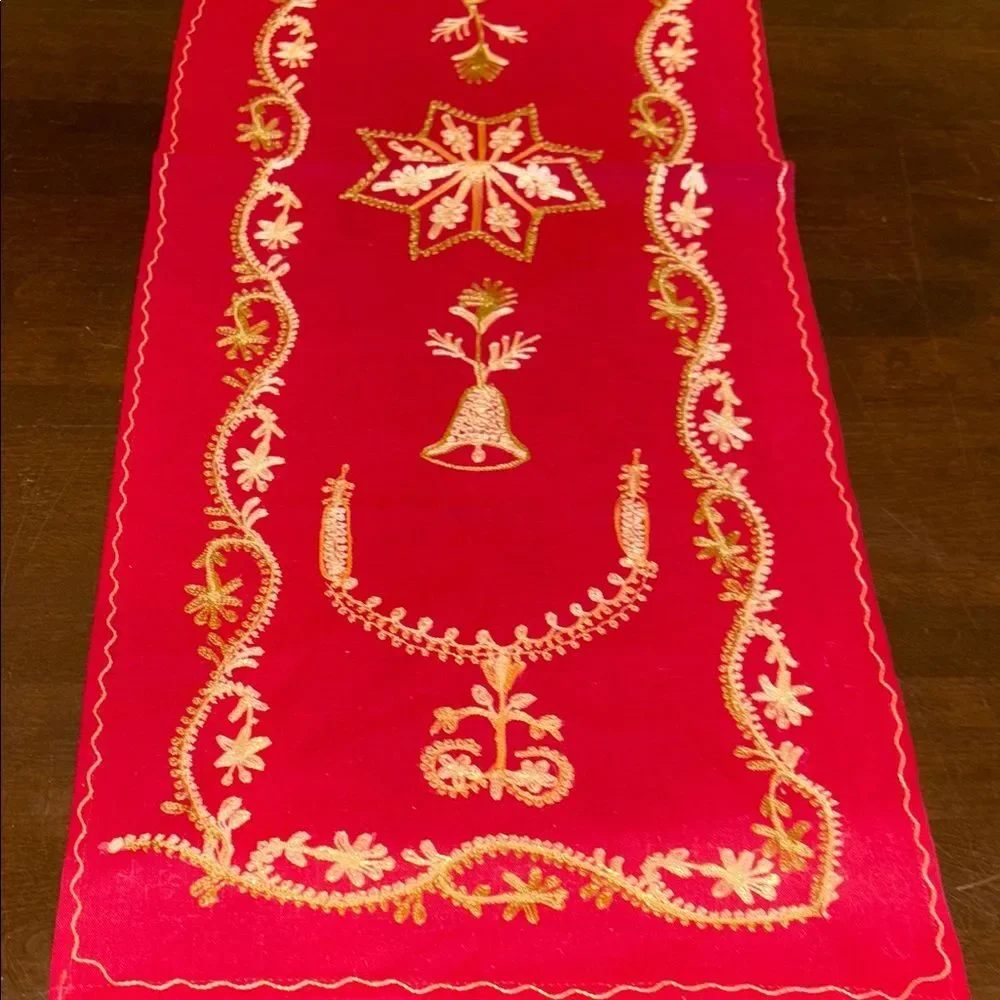 Elegant Red Embroidered Table Runner Set